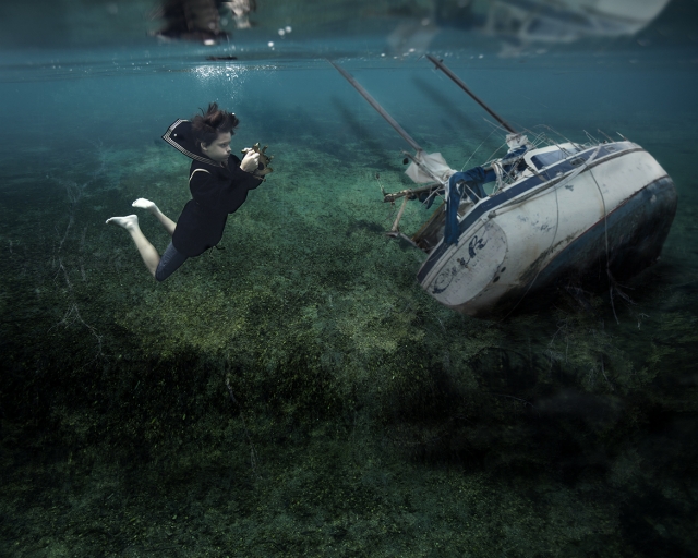 Erika Masterson Fine Art Kid Underwater with Sunken Ship