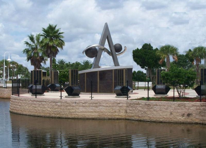 The Apollo monument at the Space Walk of Fame