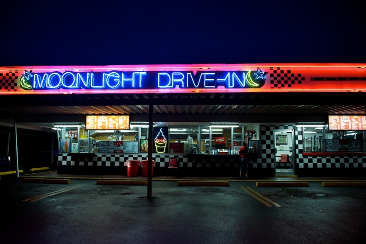 Moon Light Drive-In Diner Exterior at Night