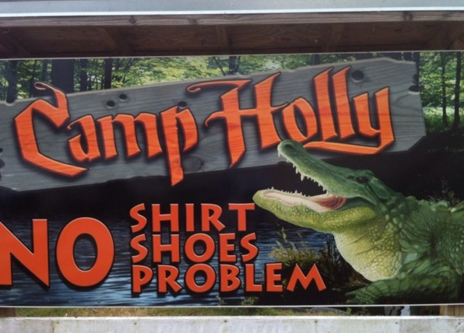 Camp Holly Fishing & Airboats "No Shirt, No Shoes, No Problem" Sign