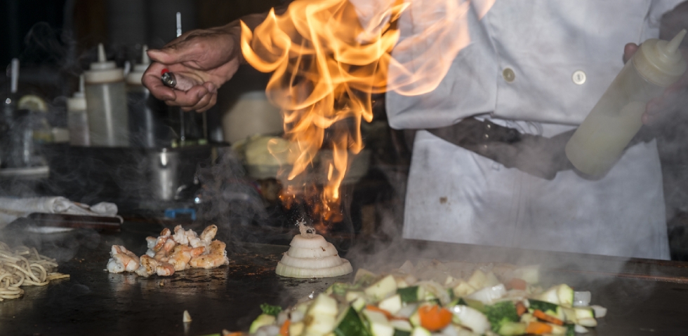 Fujiyama Japanese Seafood & Steak Hibachi Chef Doing a Onion Volcano