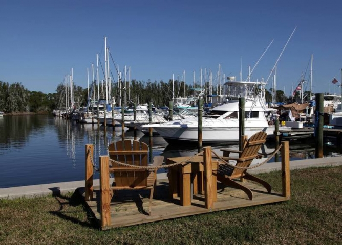 Waterfront seating at Harbortown Marina in Merritt Island, FL