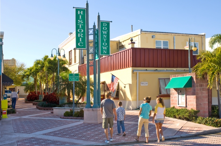 People walking through Downtown Titusville