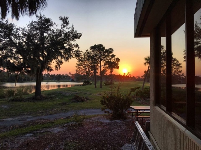 Sunset view from the outdoor patio at the Twisted Birch Sports Bar & Grill at Turtle Creek Golf Course in Rockledge, FL