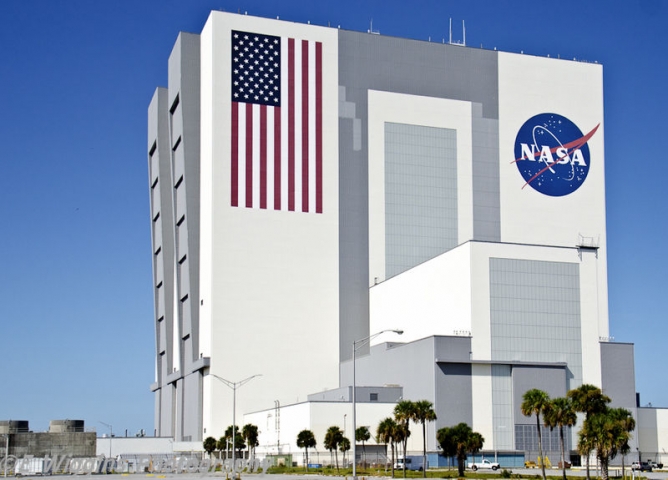 Kennedy Space Center Visitor Complex VAB view from Bus Tour