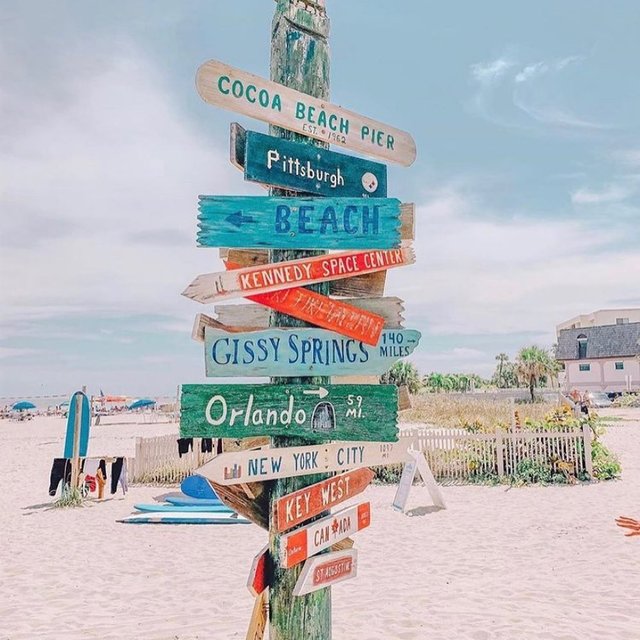 Direction Post in Cocoa Beach with wood planks pointing towards other cities and beaches in the world