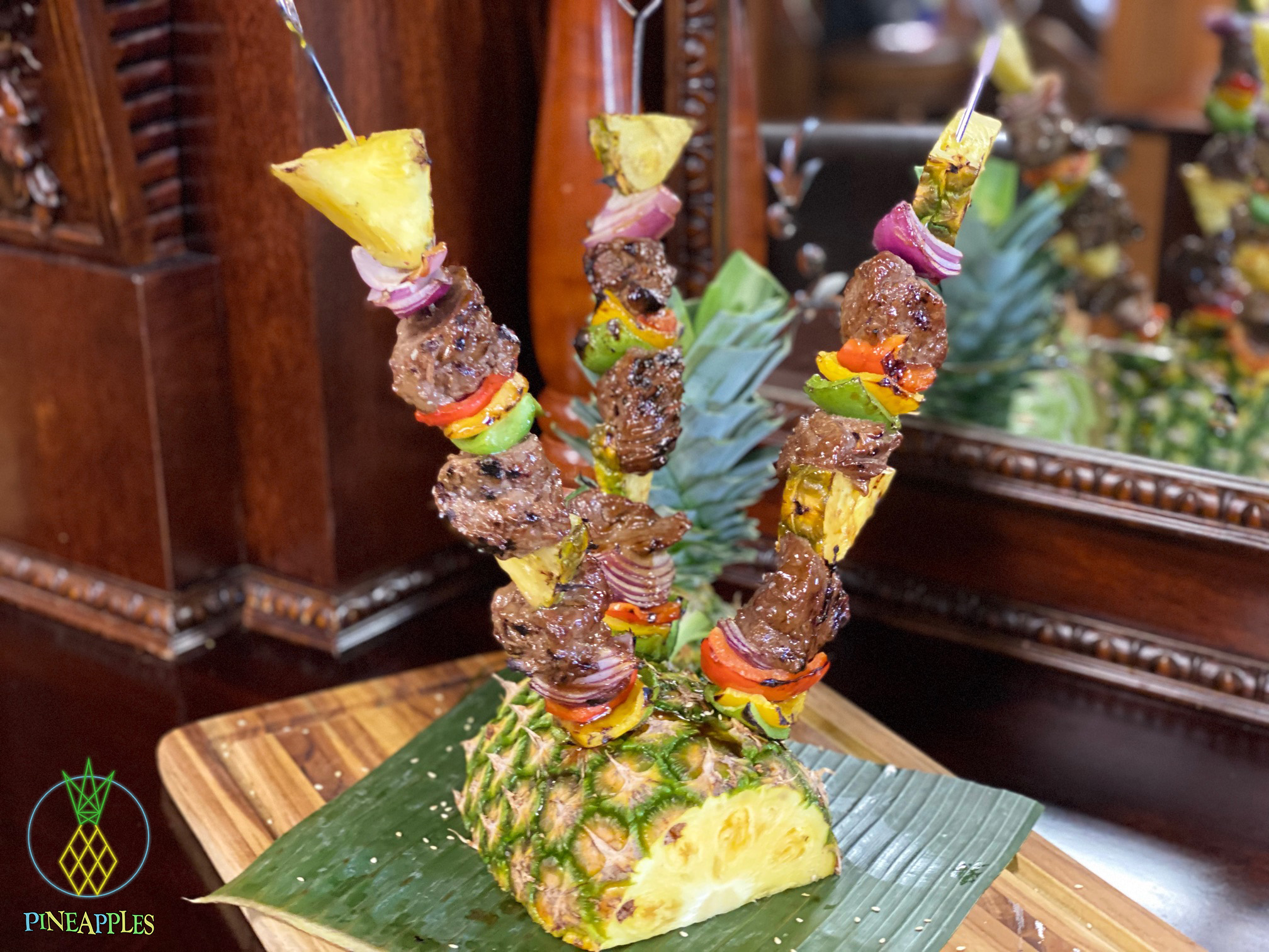 Hawaiian Marinated Bourbone Glase Steak Skewers from Pineapples