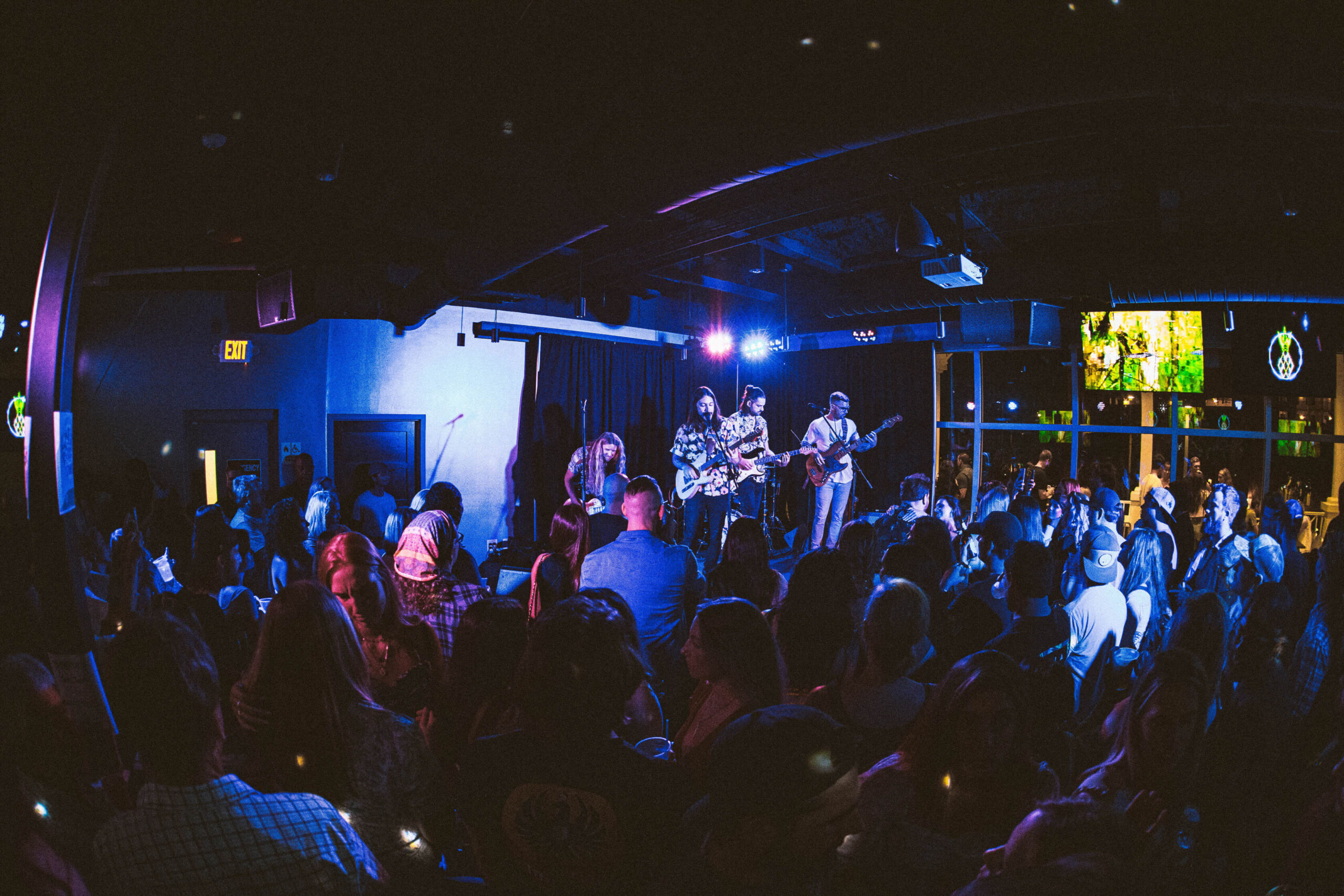 Pineapples band playing in front of a crowd indoors