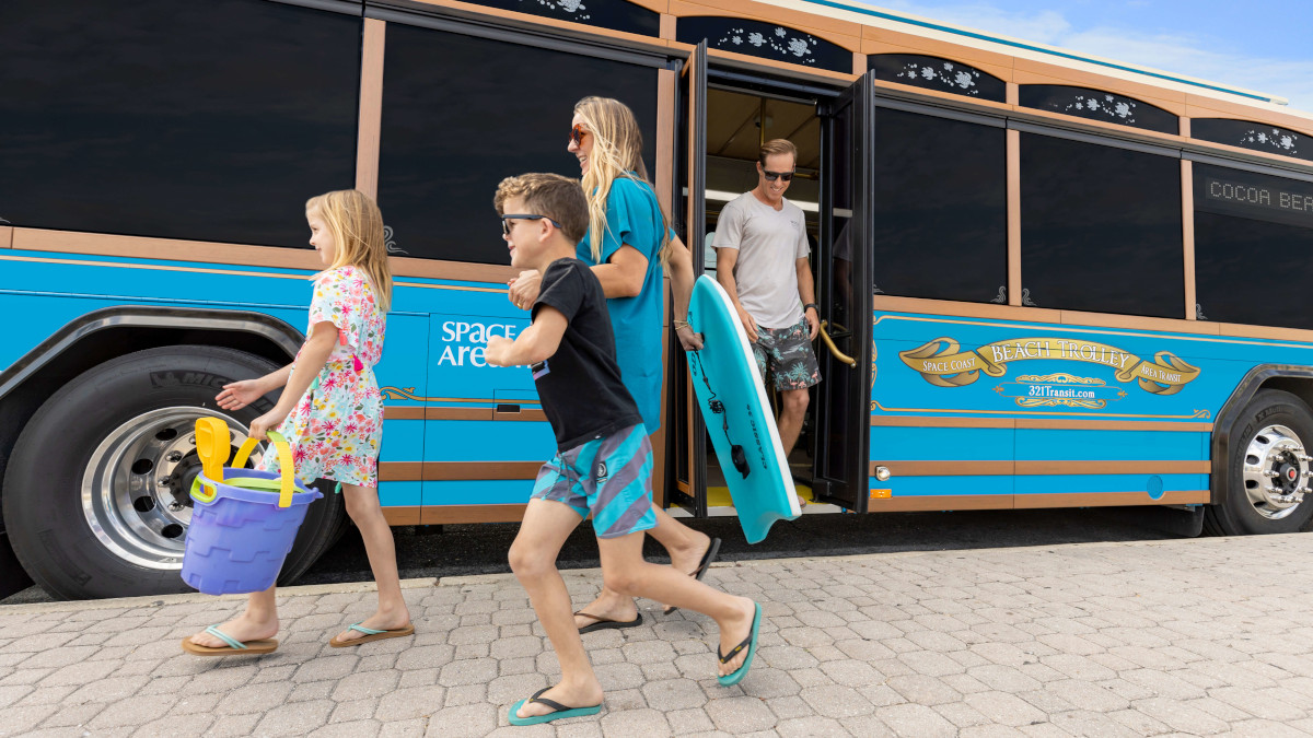 Family gets off the Cocoa Beach Trolly