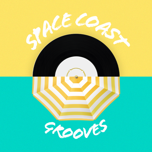 Split screen record and umbrella that says Space Coast Grooves