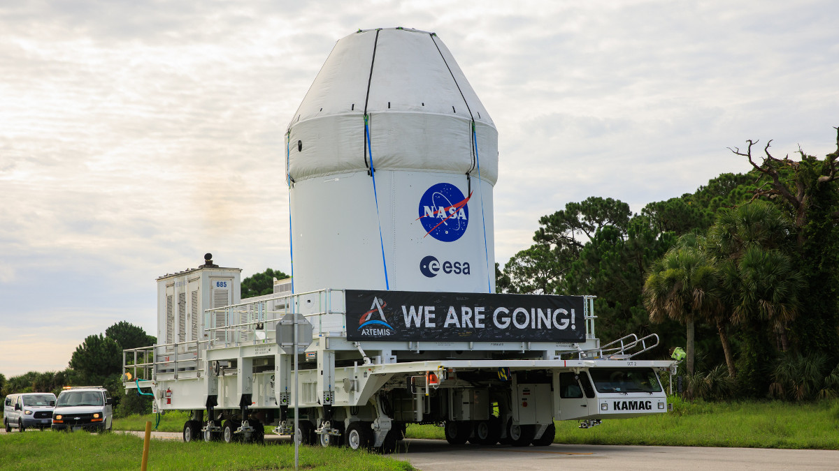 The Orion spacecraft for Artemis 1 being transported at Kennedy Space Center