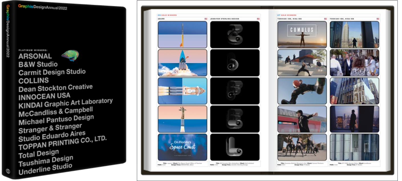 Layout of the Graphis Design Annual 2021 book featuring a page with stills from the Space Coast ad