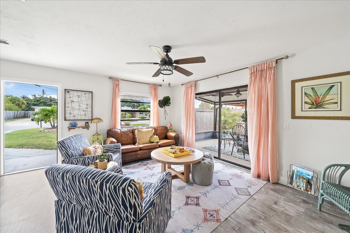 Lunar Beach Bungalow living room and patio