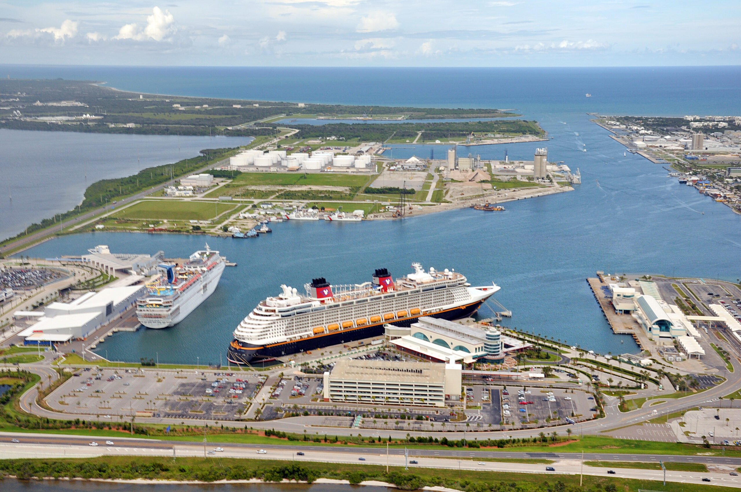 Aerial shot of the west side of Port Canaveral with ships docked