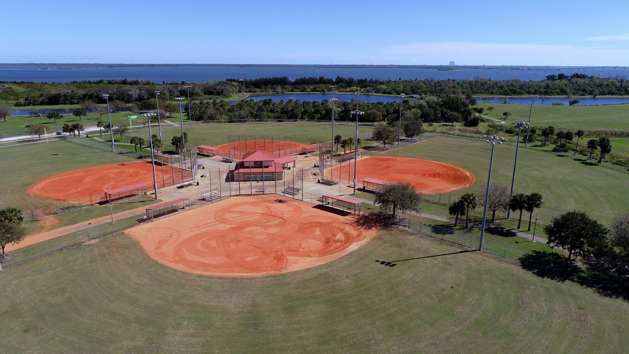 Drone shot of Chain of Lakes Park's Softball fields