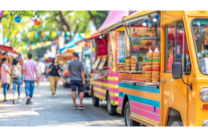 Colorful food truck at urban food festival with copy space, selective focus for text placement