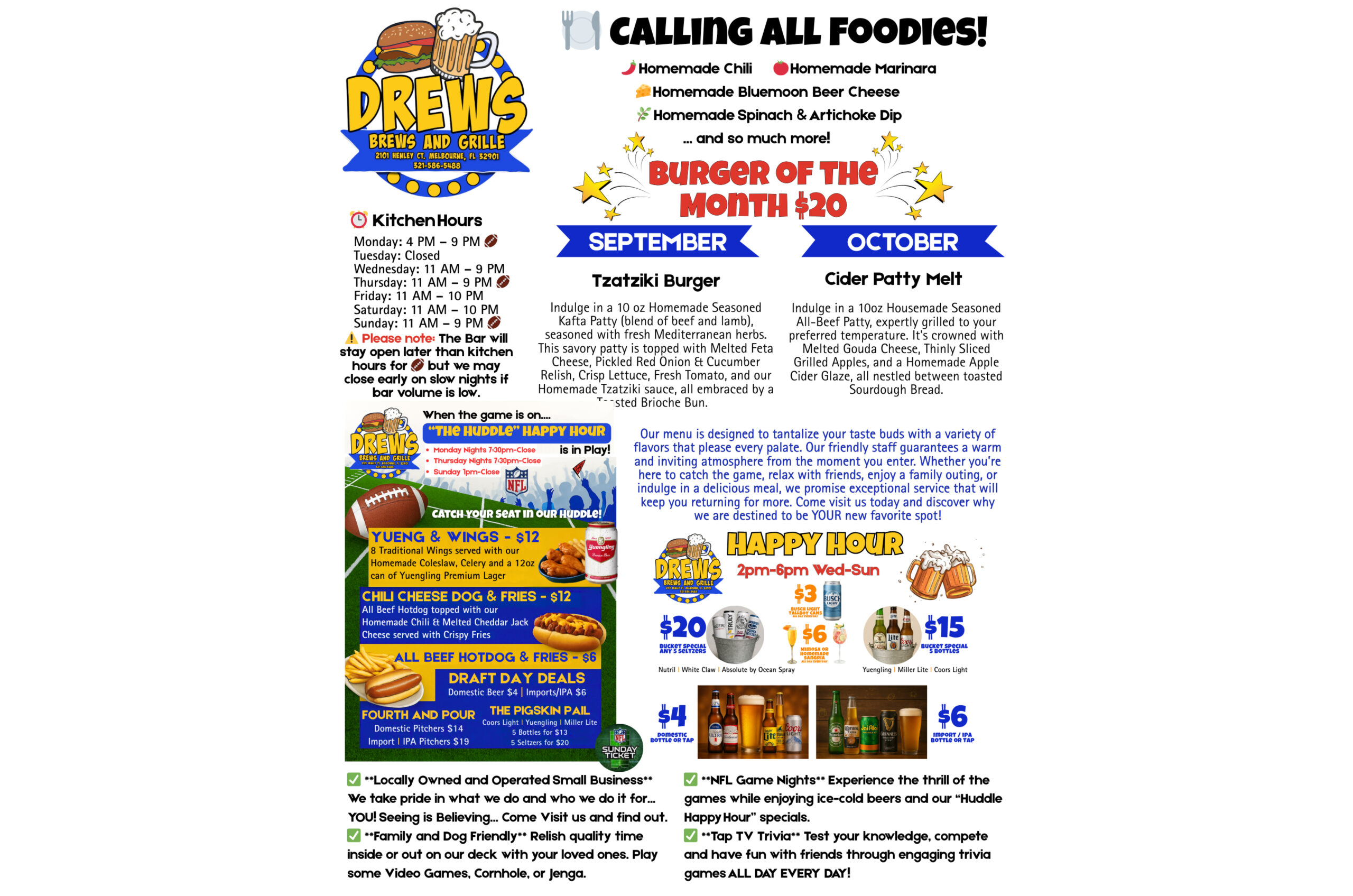 We have just update our menu and want to promote our "Burger of the Month" along with our new menu that includes TONS of homemade foodie items! We are now hosting NFL Game nights and have special pricing and happy offerings to go along with that.