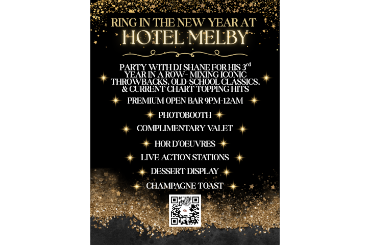 Hotel Melby's 3rd Annual New Years Eve Event Flyer